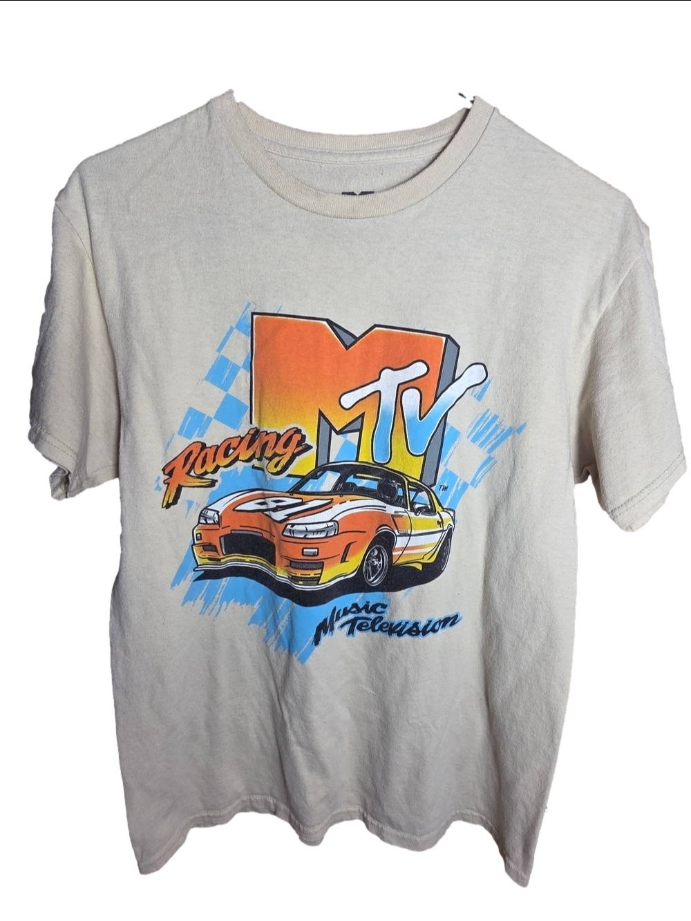 MTV Racing Graphic Tee in Cream with Orange & Blue Unisex Medium Size Y2K 90's